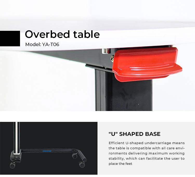 Ya-T06 Medical Height Adjustable Overbed Table U Basement Movable Hospital Dining Table